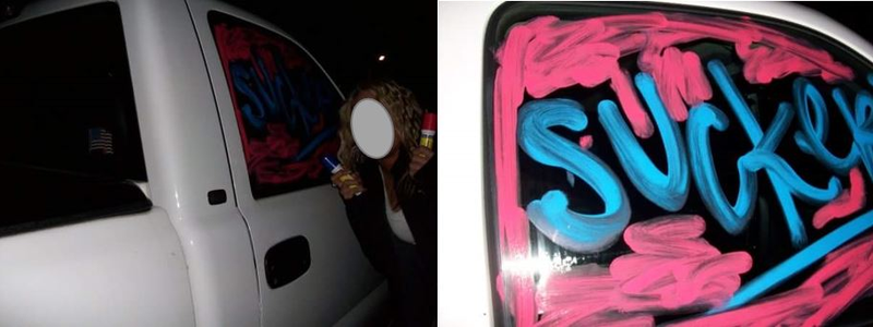 The vandal posted these on Facebook before I found out. There was still paint in some crevices when the truck was traded in 4 years later.
